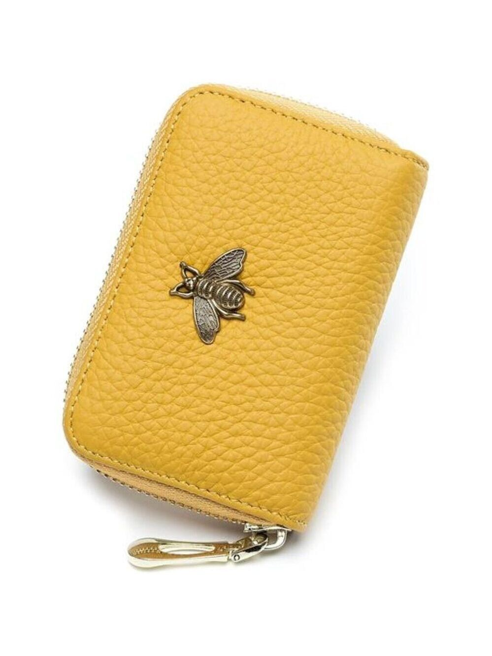 RFID Leather Card Holder Wallet for Women Small Zipper Coin Purse Bee Design